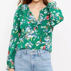 LOFT Bouquet Ruffle Tie Neck Vibrant Green Floral Blouse with Ruffle